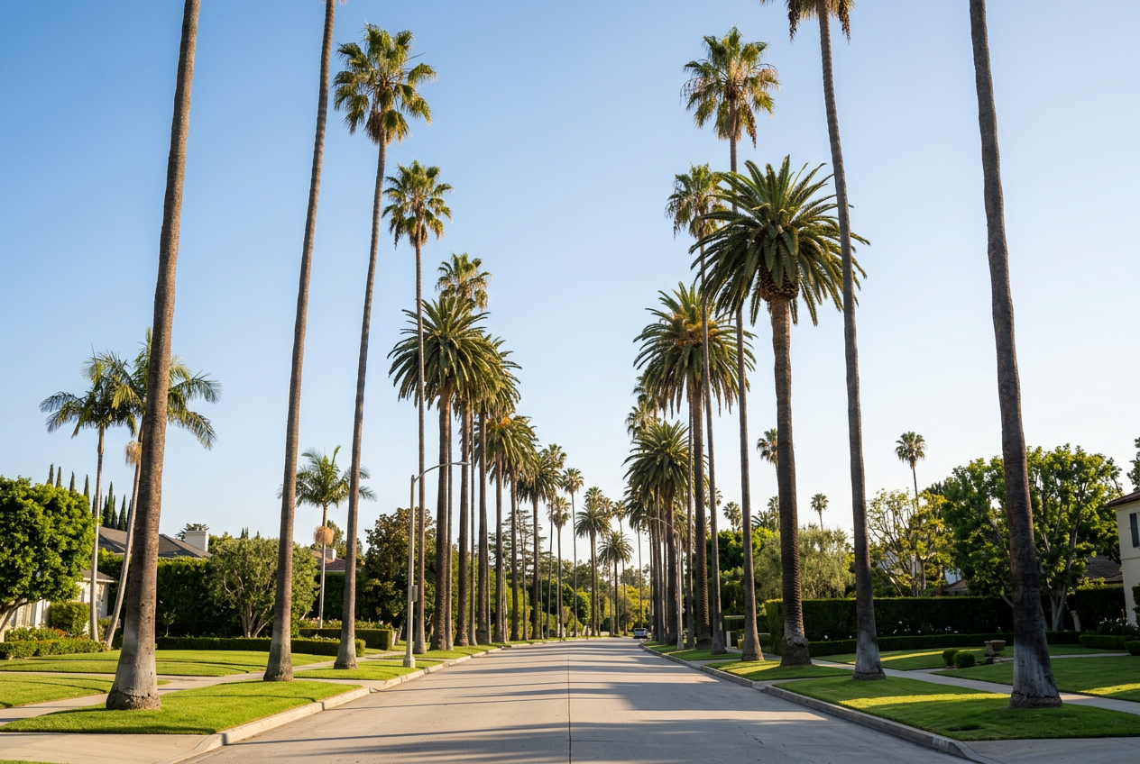 Palm-lined Beverly Hills street at golden hour