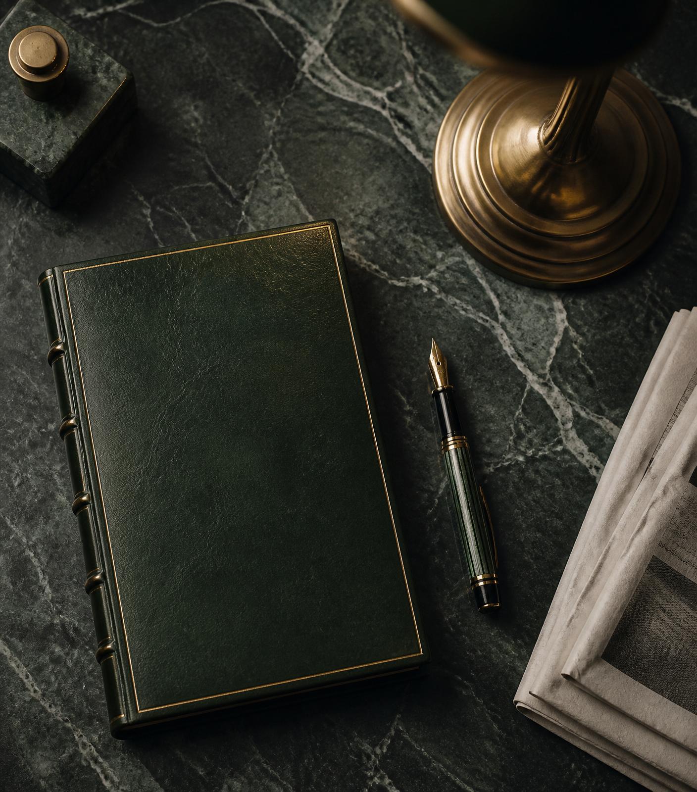 A green leather ledger and fountain pen on marble